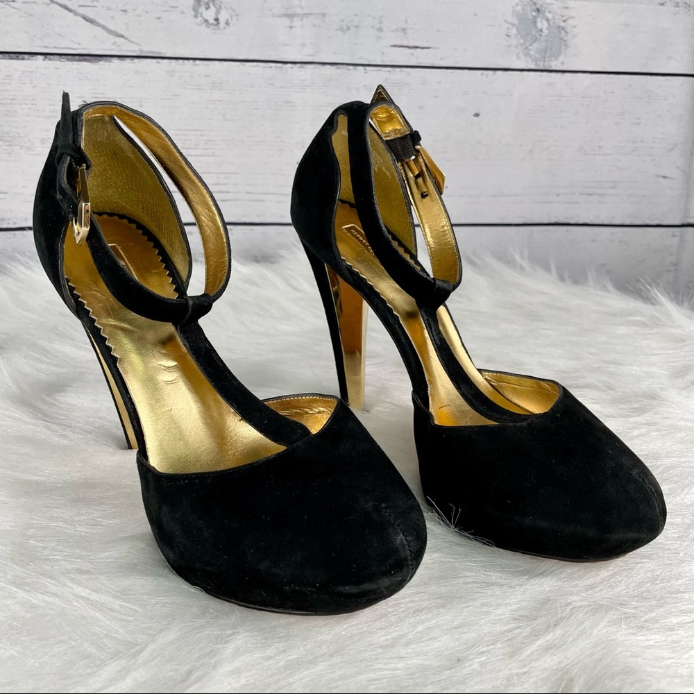 REPORT Signature Black Velvet Stilettos w/Round Toe, Platform, Strap & Buckle